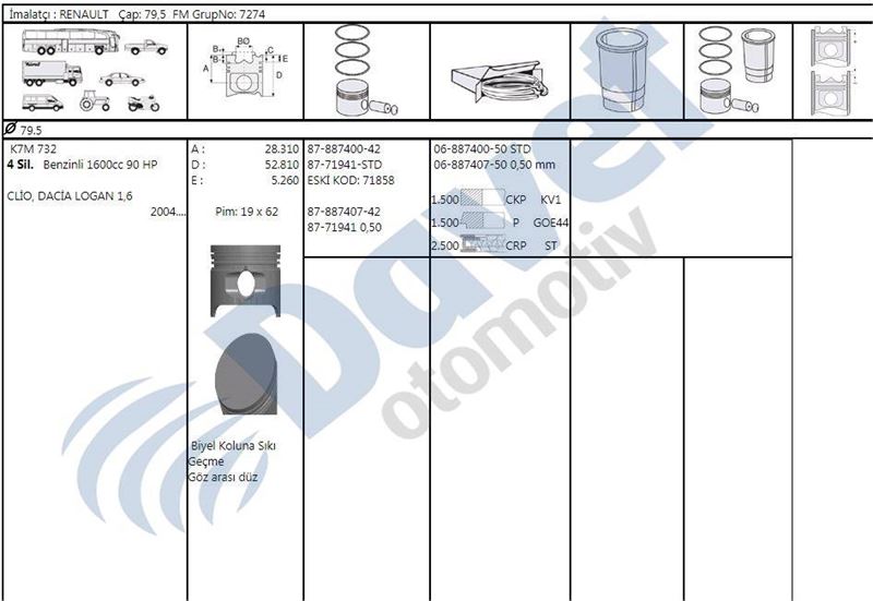 GOETZE 8771941050000G Motor Piston Segman 80.00mm 0.50 Renault Clio 1.6 Eng K7m732 Dacia Logan 1.6 Eng K7m714 732 04-